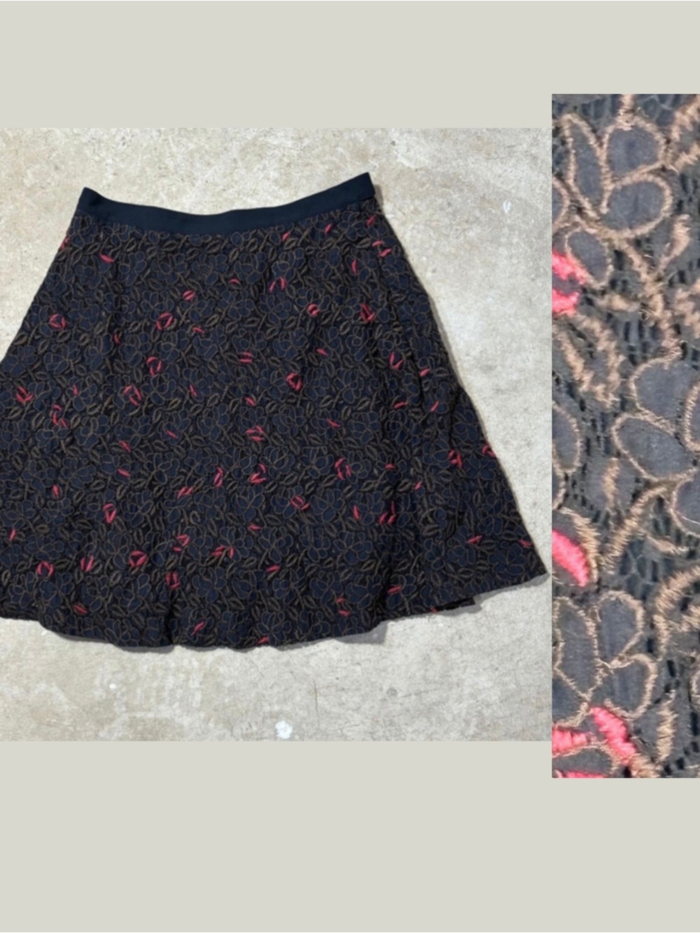 AllSaints Leela Black Lace Skirt Women’s Size 10 Red Floral Lined Side Zipper